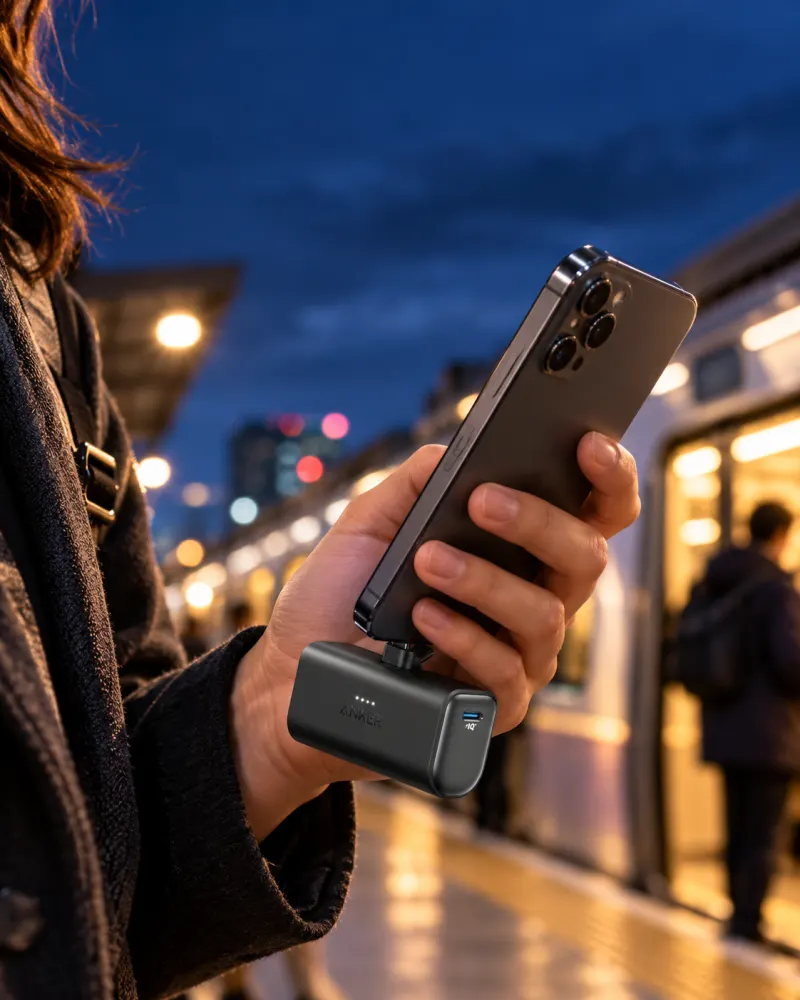 Illustrative ad concept: a compact USB-C power bank connected to a traveler's phone as a train arrives