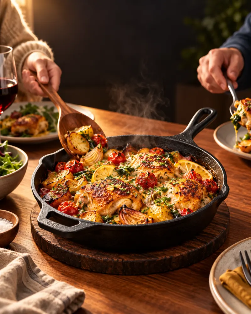 Illustrative ad concept: a meal is served from a cast-iron skillet at a shared dinner table