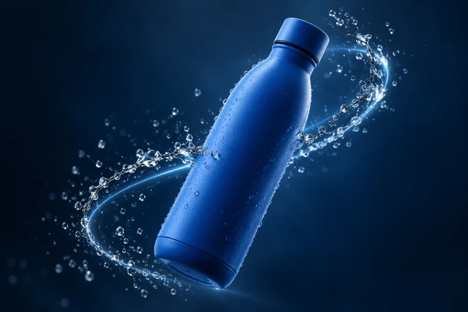 AI concept: blue bottle with cinematic water and light effects