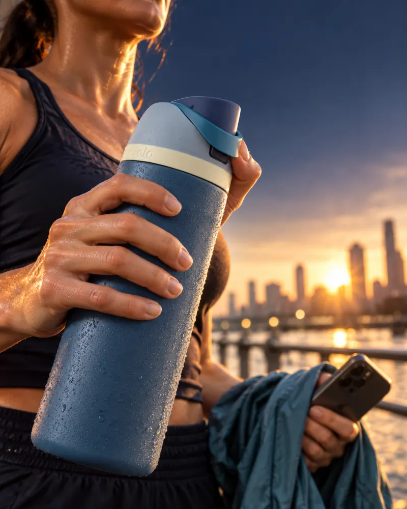 Illustrative ad concept: a runner holds a Denim FreeSip-style bottle, jacket, and phone after a run
