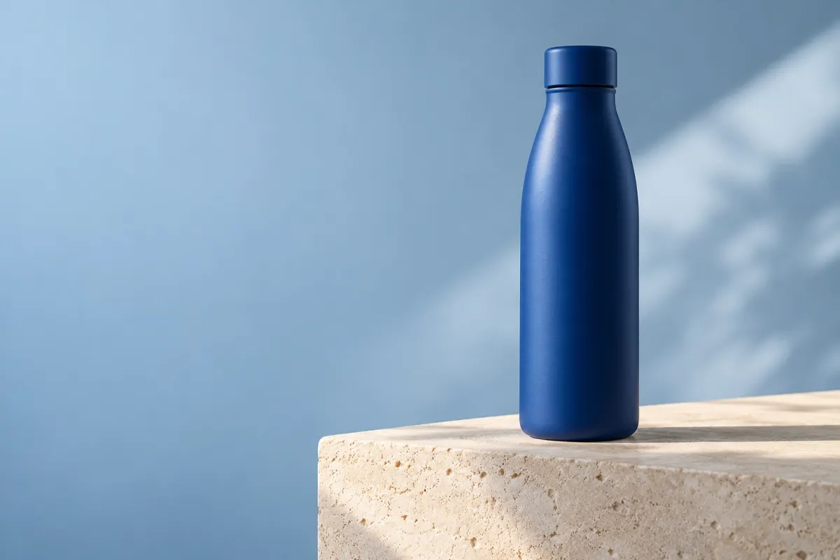 AI concept: unbranded blue bottle photographed on sunlit limestone