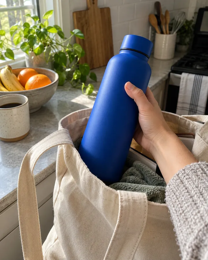 AI concept: a hand placing an unbranded blue bottle into a canvas tote